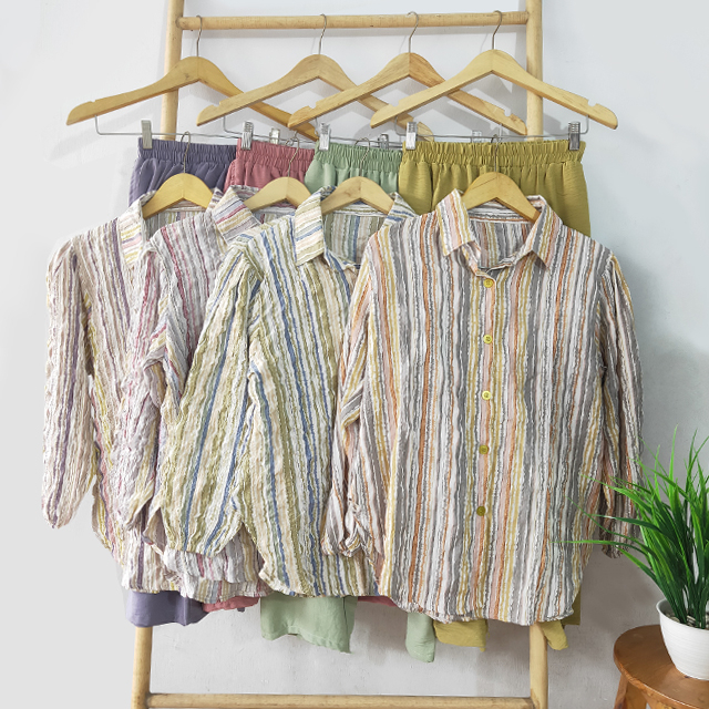 Setelan Wanita Terbaru Set Baju Celana Motif Salur Garis Lengan Panjang  Kekinian Fashion Korea Dewa