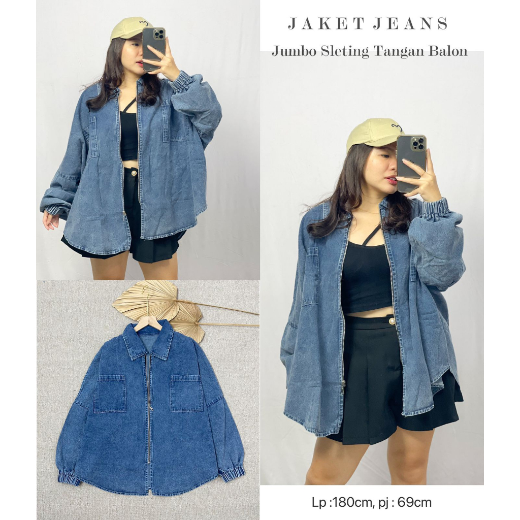 Jaket Jeans Jumbo Sleting Tangan Balon / Pakaian Wanita / Jaket & Mantel / Jaket Denim
