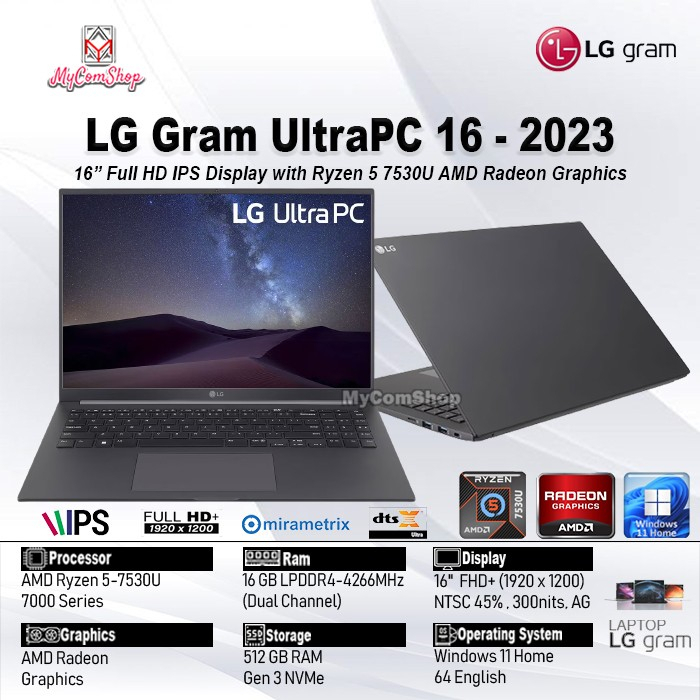 LG GRAM ULTRAPC 16 16U70R RYZEN 5 7530U 16GB 512GB SSD AMD RADEON FHD+