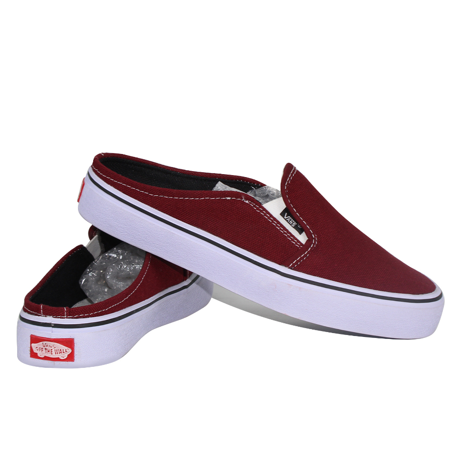 Vans Sepatu Sandal Bustong Slip On Pria Tanpa Tali Marun Slop Casual Kanvas Cowok Simpel