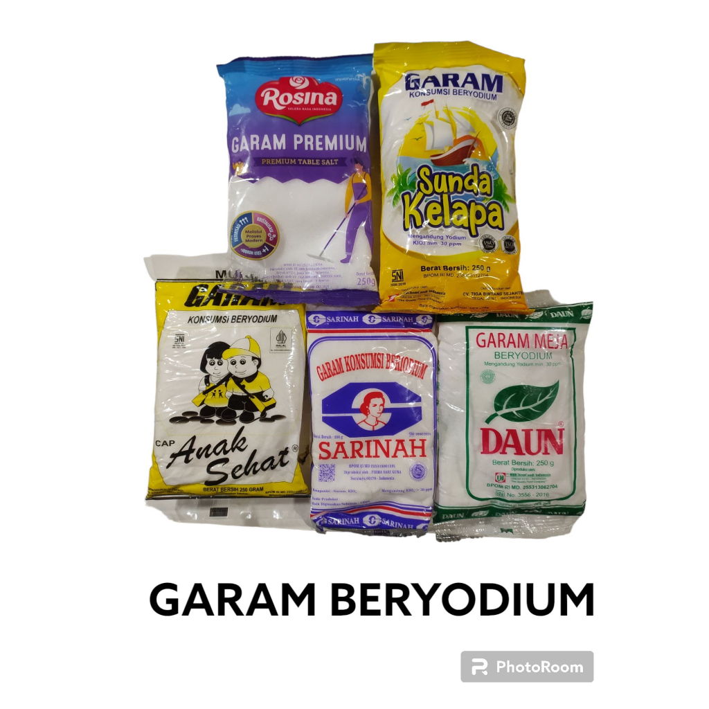 

Garam Dapur Beryodium/ Garam Daun/SARINAH/ROSINA/SUNDA KELAPA/CAP ANAK SEHAT/250 gr