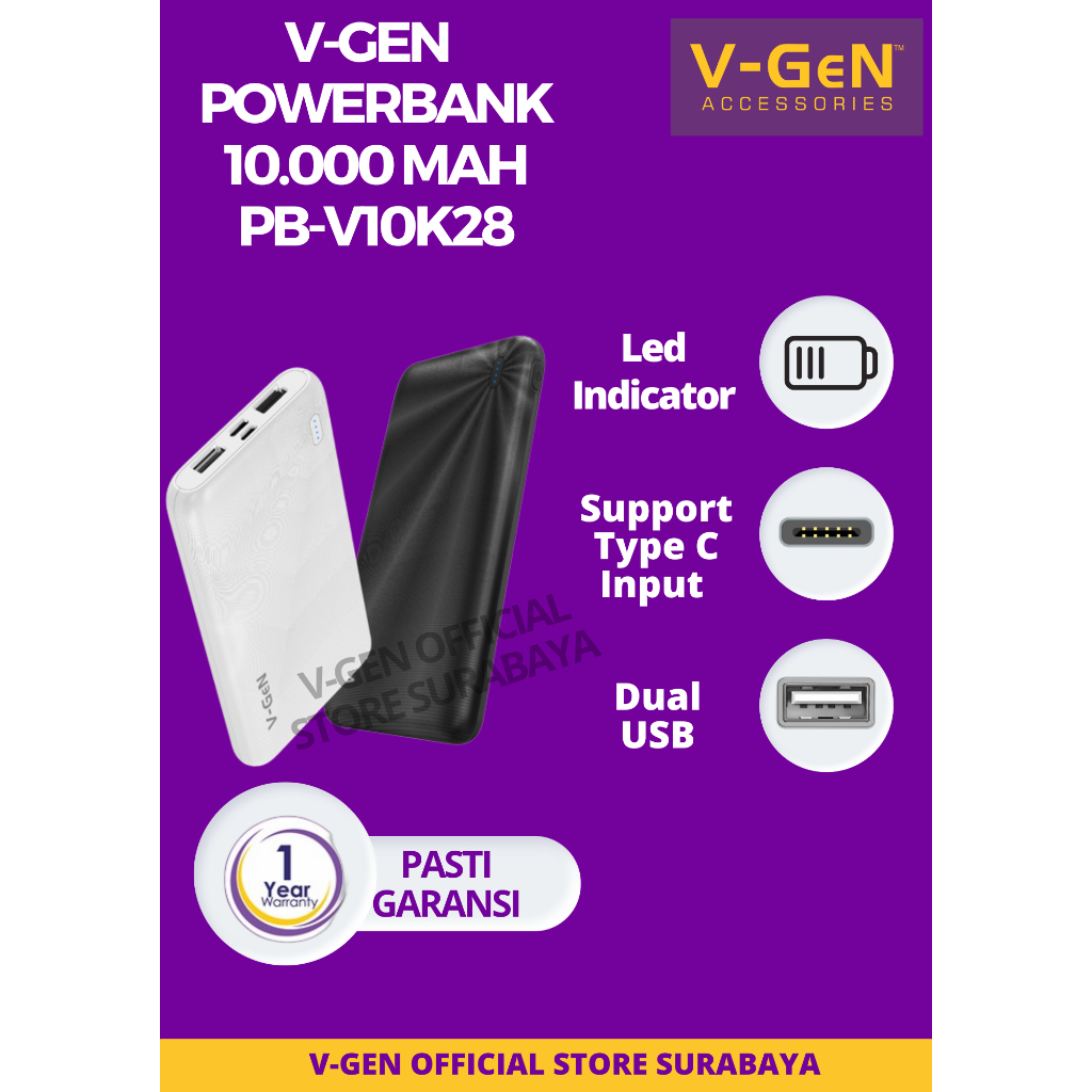Powerbank V-GeN Rescue V10K28 10000mAh Type C 2 Port USB Slim Design