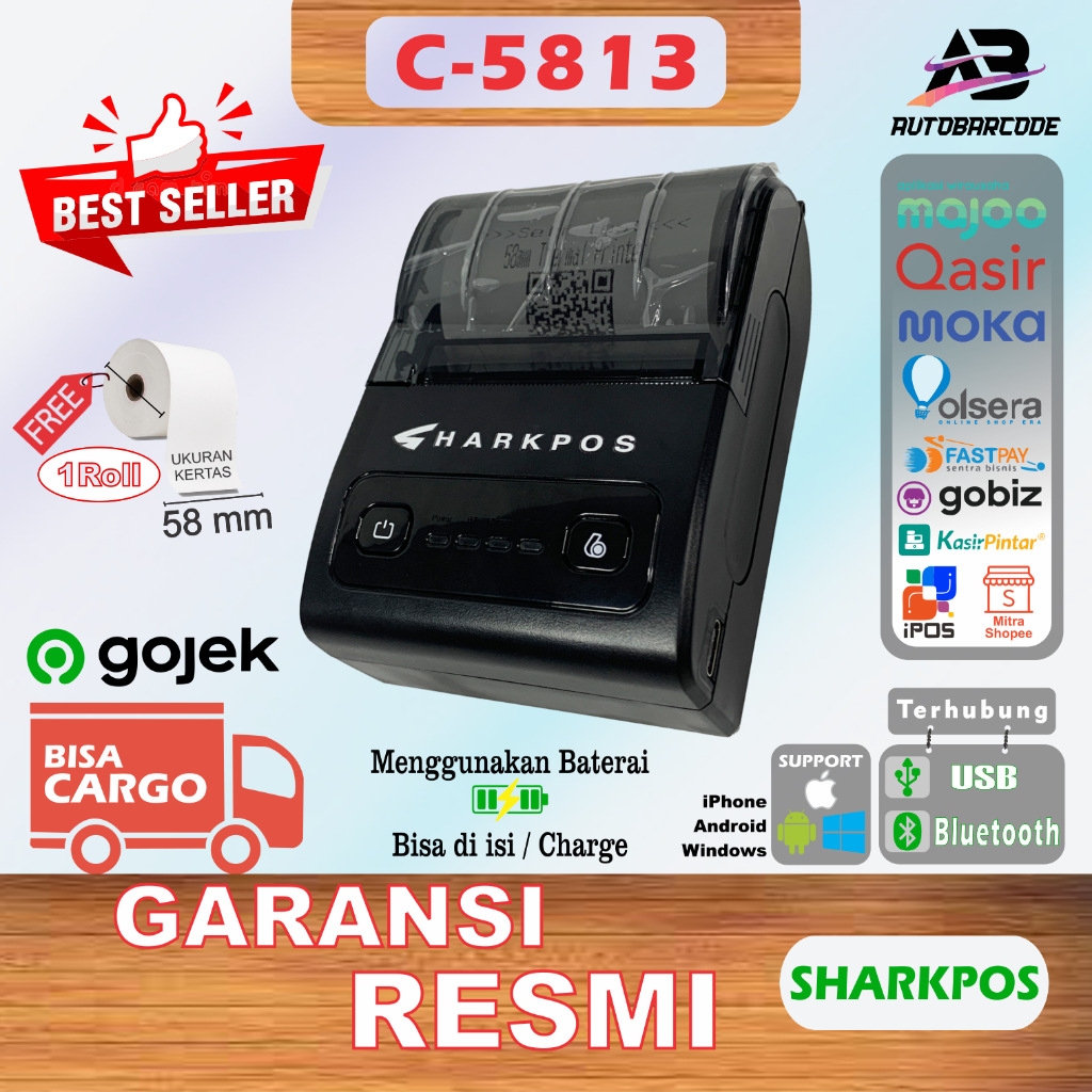 Printer Mobile Bluetooth Mini Portable Sharkpos C5813 RPP02N Kertas Thermal 58MM Pos Kasir Cetak Struk PPOB C-5813 / C 5813