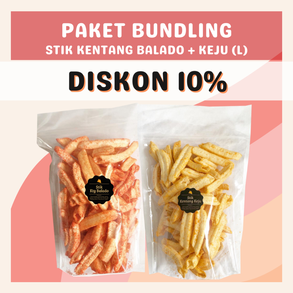 [DELISH SNACKS] Paket Bundling Stik Kentang Asin + Balado + Keju (L) / Snack Cemilan Camilan Potato Stick Asin Gurih Pedas