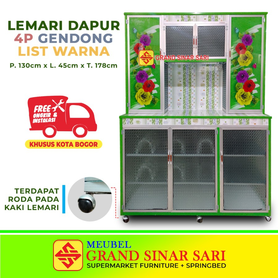 Rak piring aluminium 4 pintu list warna dengan roda