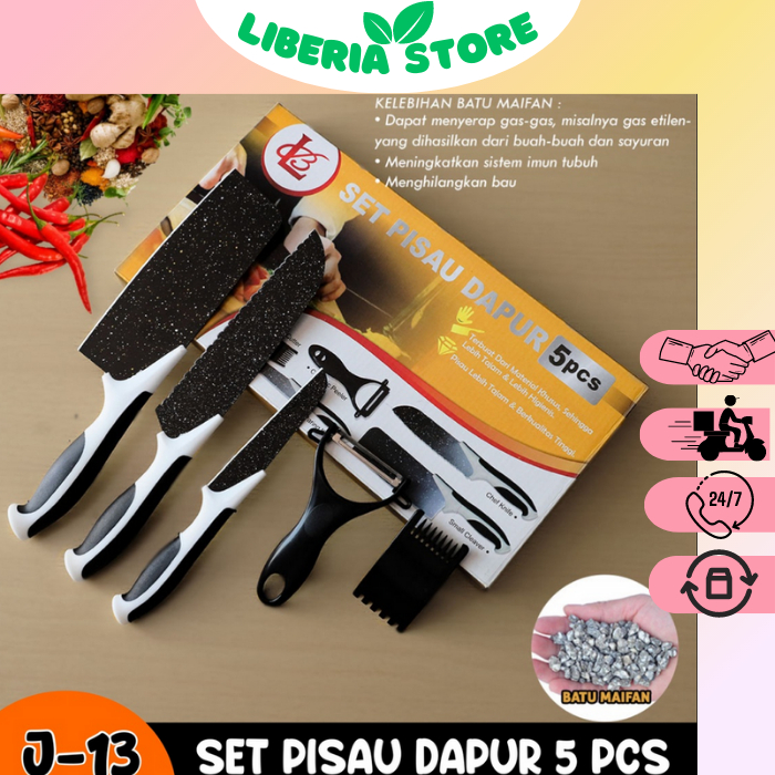 Set Pisau Dapur isi 5 pcs Pisau Dapur + Peeler Hitam J13 Pisau set dapur Pisau stainless tajam Pisau