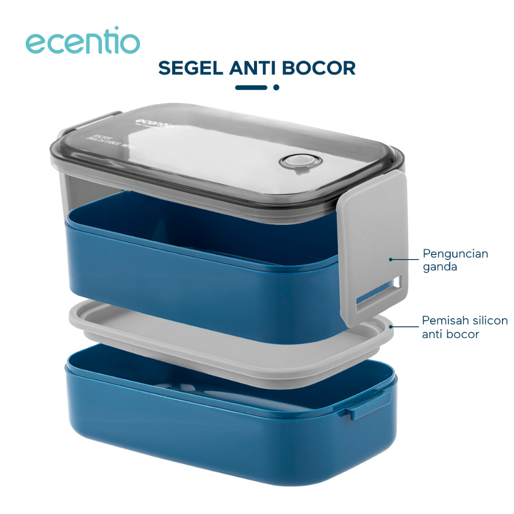 ecentio &amp; FOODI Double layer 800ml/1600ml 2/3 susun Anti Bocor/Kotak Bekal Makan Bento/Lunch Box tempat makanan Free sendok&amp;sumpit warna hijau/pink/puith/biru