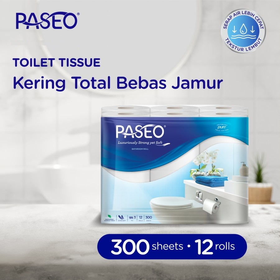 Tisu Toilet Paseo 300 Sheets x 12 Roll sheet /  Elegant Tissue Toilet Rol Core Non Emboss 3 ply alami tanpa bahan kimia