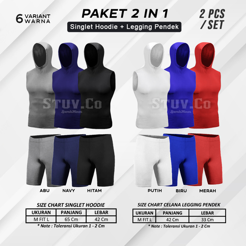 PAKET 2IN1 SETELAN OLAHRAGA BASELAYER SINGLET HOODIE DAN LEGGING PENDEK 6 WARNA