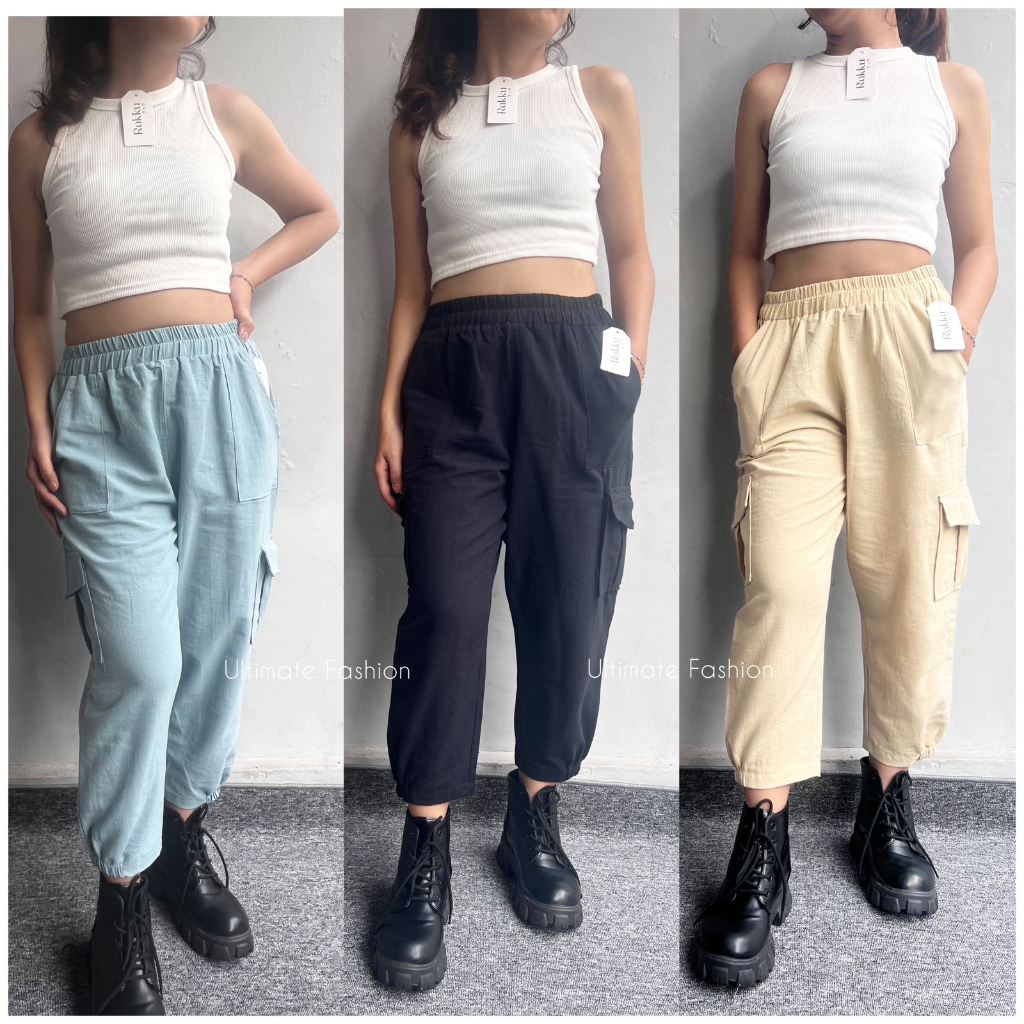 Lea Cargo Pants - Highwaist Loose Cargo - Celana Kargo Wanita Linen - Baggy Pants Rakku 867