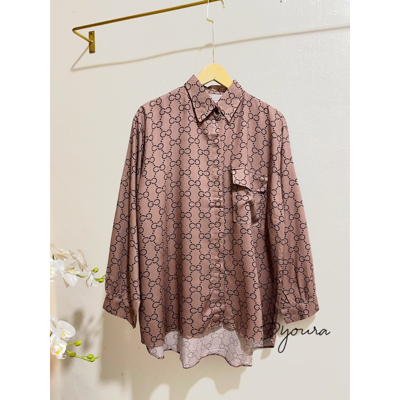 kemeja Rayon basic oversize motif Gg shirt / Kemeja gg terbaru/ kemeja lengan panjang / kemeja wanita motif gg