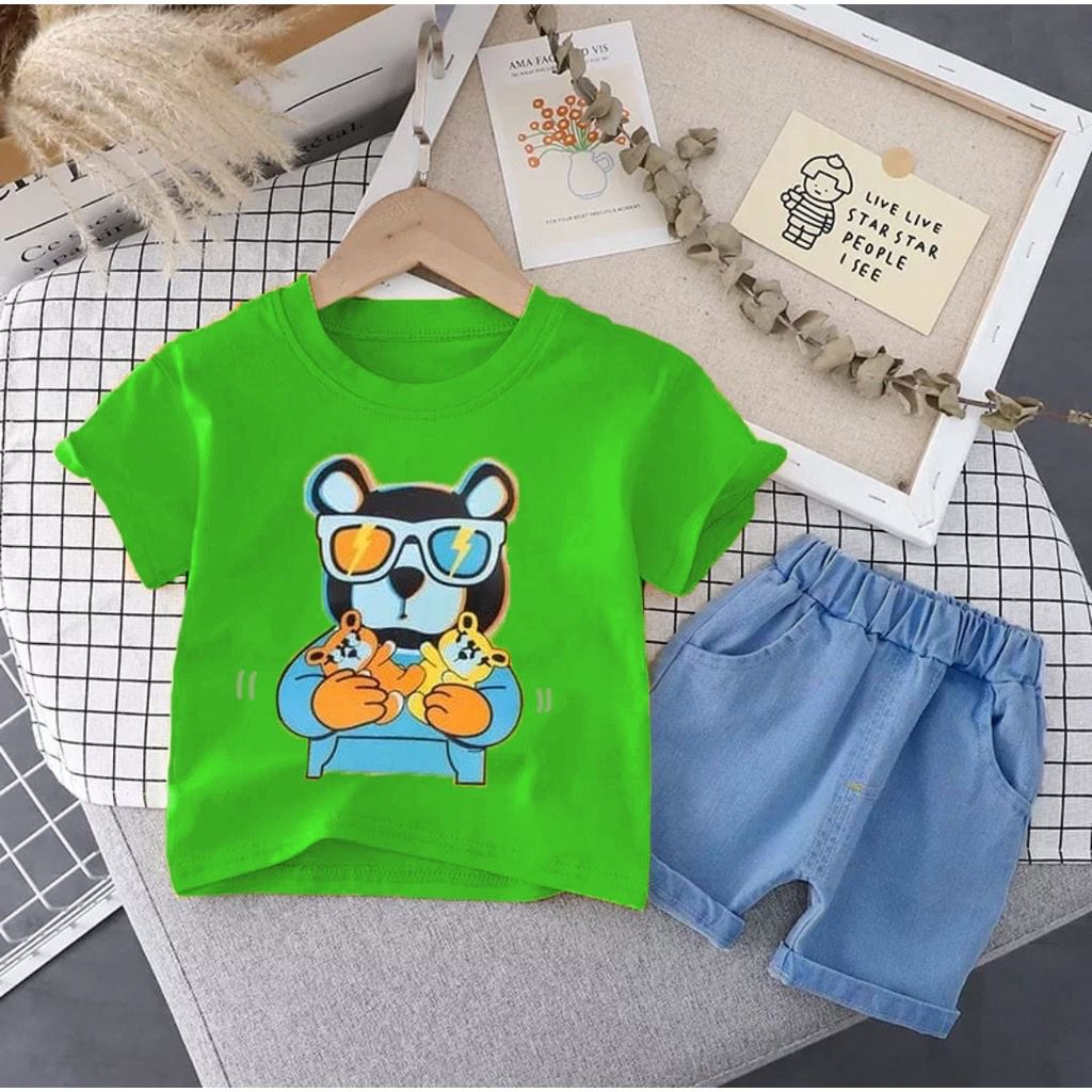 SETELAN KAOS DAN CELANA JEANS PENDEK ANAK LAKI LAKI IMPORT 1-5 TAHUN MOTIF HEWAN DENIM/ SET OUTFIT PAKAIAN ANAK KEKINIAN