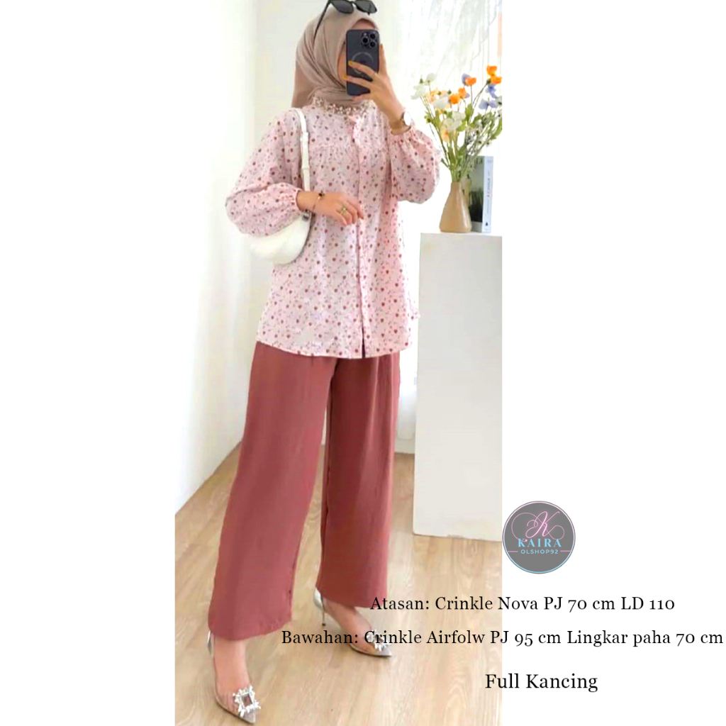 Setelan Wanita Motif Bunga Bahan Cringkle Airflow dan Nova Full Kancing Terbaru