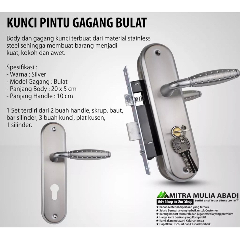 Kunci pintu tanggung stainless set 20cm gagang bintik