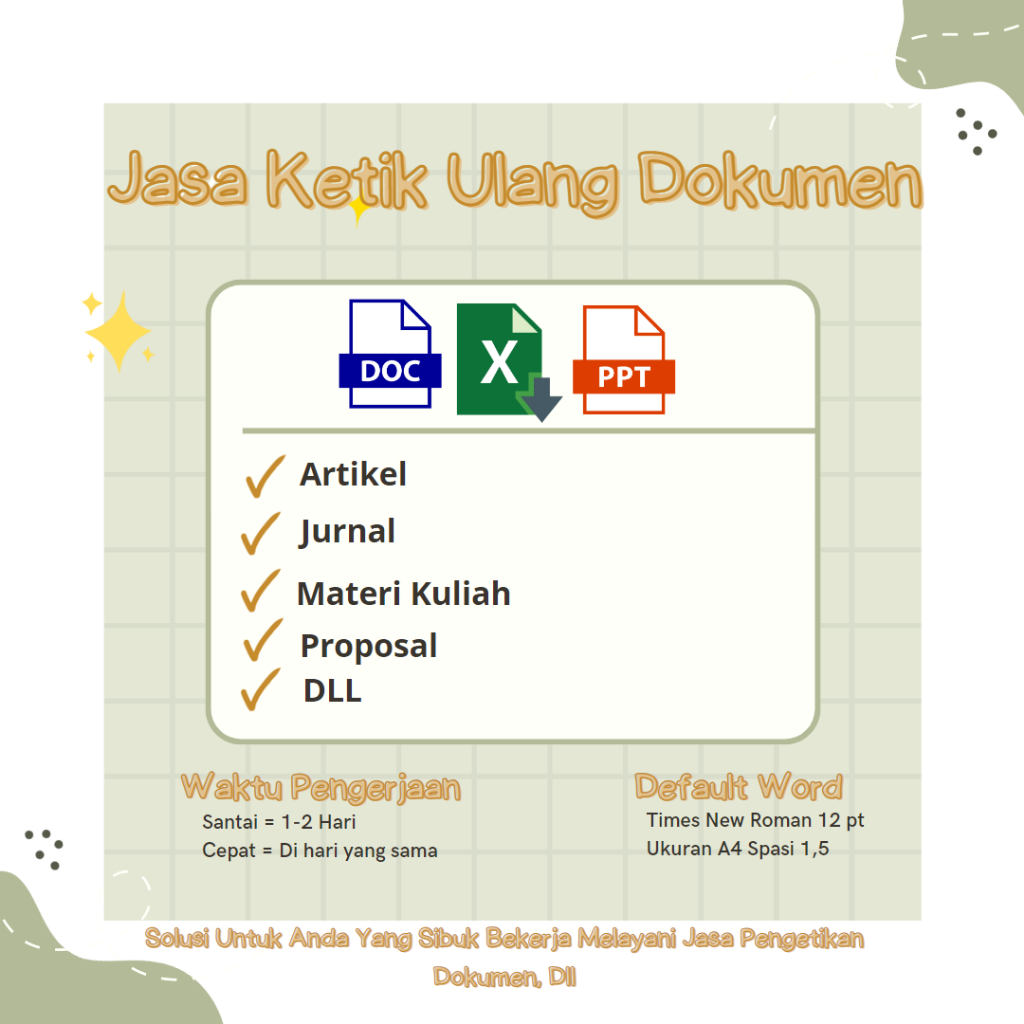 

Jasa Ketik Dokumen Microsoft Word/ Microsoft Excel/ Microsoft Power Point/ Cepat Murah Meriah