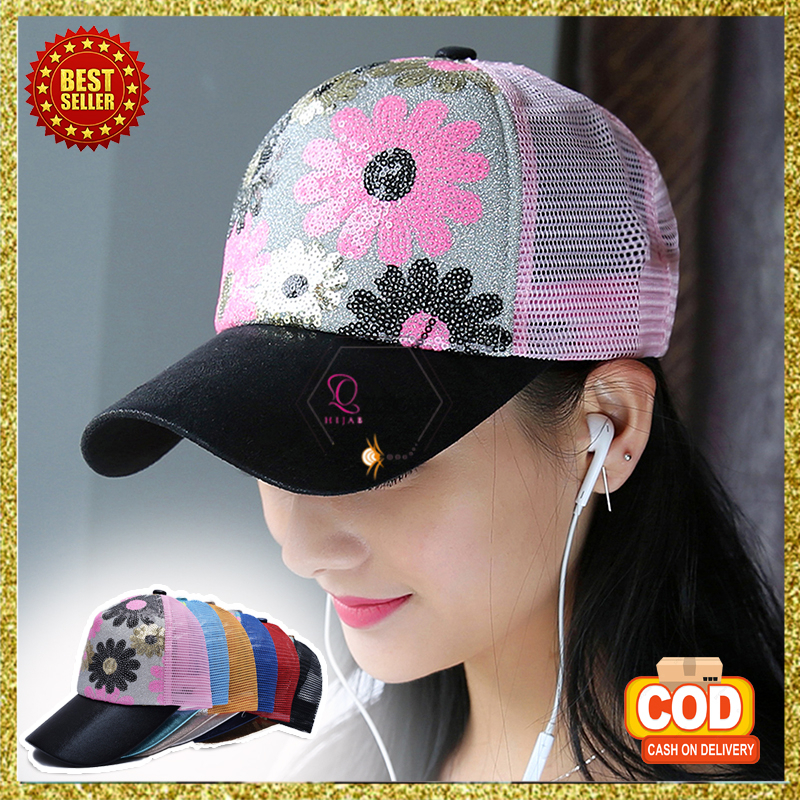 Topi Baseball Pria Wanita Motif Bunga Manik Sequin Trucker Hat Gaya Casual Kualitas Import BSBO