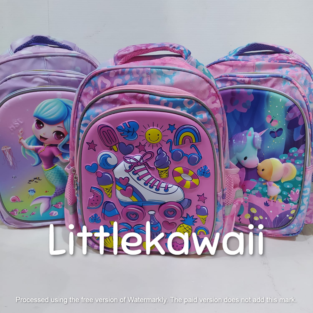 LK/Tas Ransel Sekolah Anak Perempuan Laki Laki Hardcase Kotak Kantong Depan Resleting Unicorn Mermaid Cat Shine TK PAUD SD Mix Impor