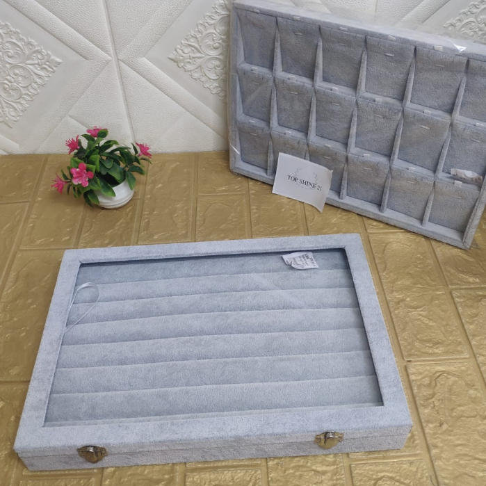 Display/Tempat Cincin Kotak Kaca/Bahan Bulu Halus Abu-abu