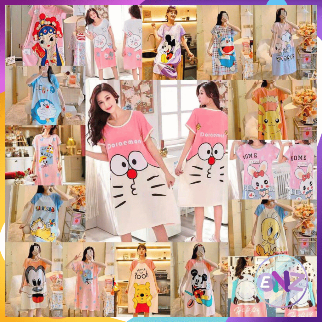 ENZ ® Baju Tidur Model Daster Bahan Spandex Korea Lengan Pendek Motif Kartun Lucu 1052