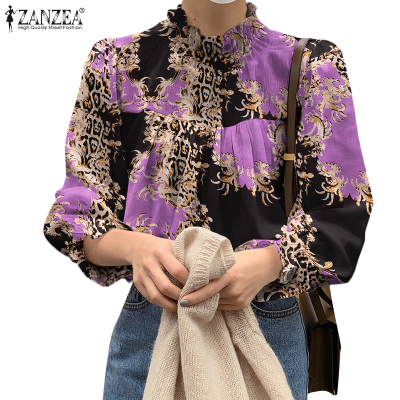 ZANZEA Women Fashion Vintage High Neck Leopard Print Long Sleeve Blouse