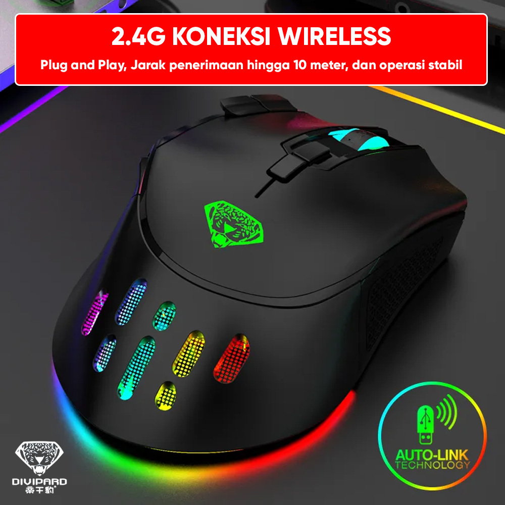 Wireless Mouse Gaming 2.4 GHz Divipard Rechargeable Silent Mode - Q17