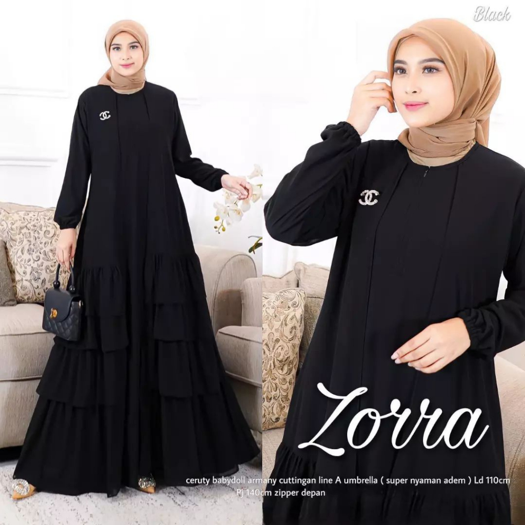 Zora Dress Import Gamis Wanita Muslim Terbaru 2023 Bahan Ceruty Dress Wanita Dewasa Aplikasi Renda Rempel GamisTrend Kekinian Busui Freindly Tali Pinggang Pisah