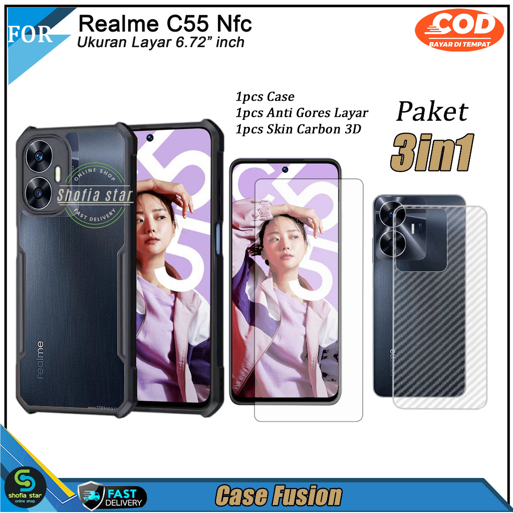 PAKET 3in1 Case Realme C55 NFC C53 NFC Soft Case Fusion Shockproof Transparan Casing