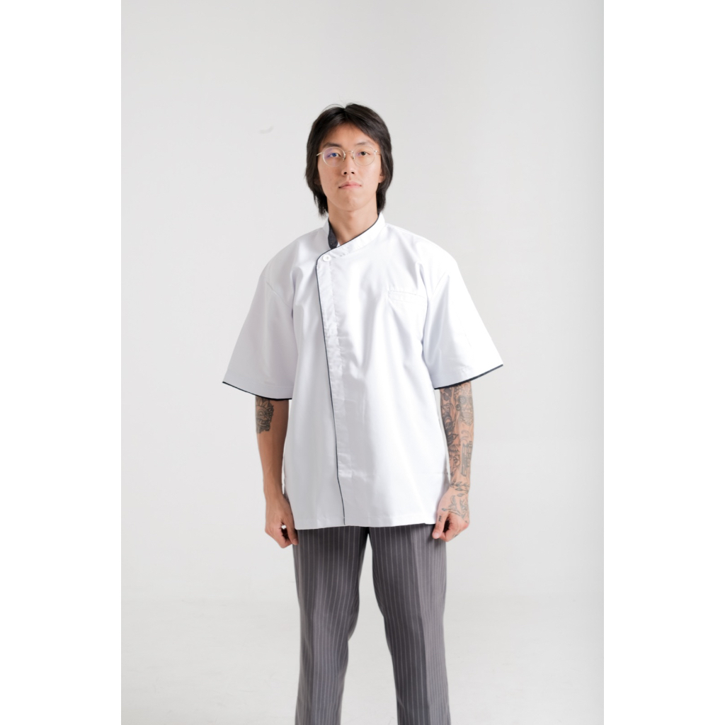 Chef Jacket / Baju Koki Putih Lengan Pendek Buttonless