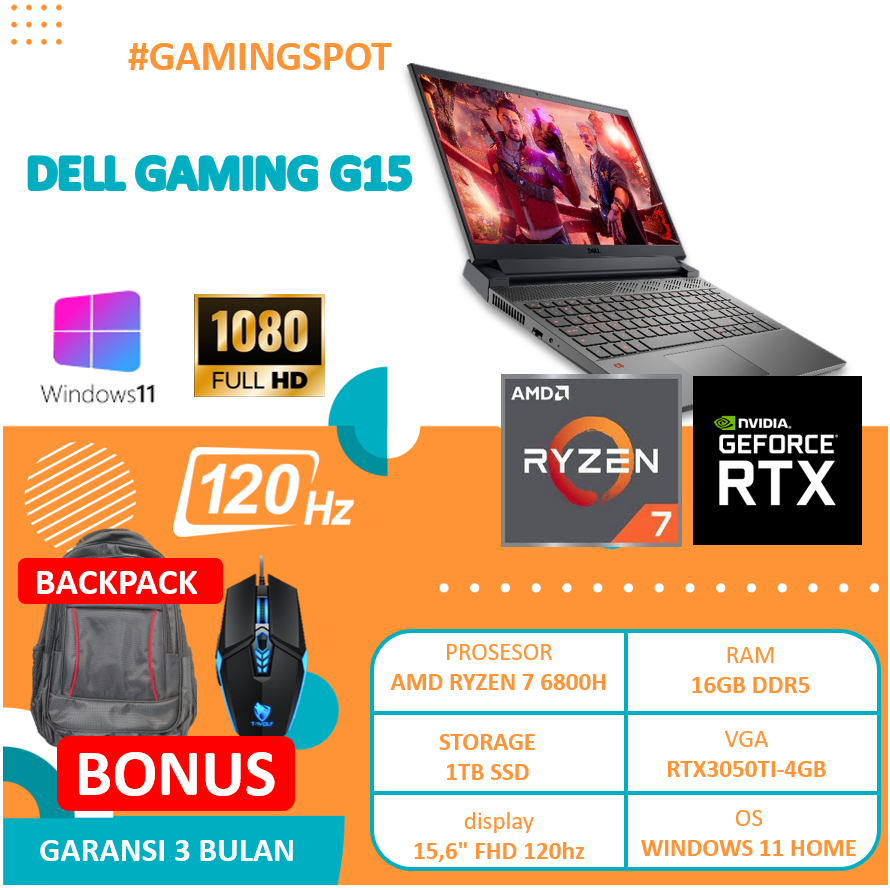 LAPTOP DELL GAMING G15 5525 RYZEN 7 6800H 16GB 3050TI 120HZ WIN11