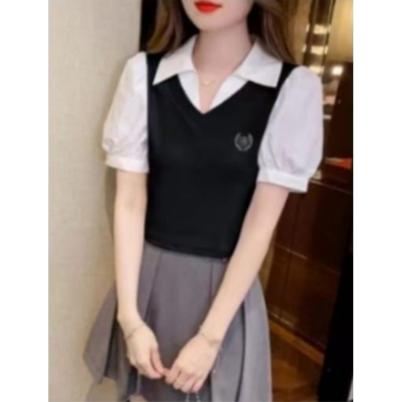 ❤️ IMPORT ❤️ READY ! KARREN TWO TONE SCHOOL KNIT VEST WITH COTTON BLOUSE