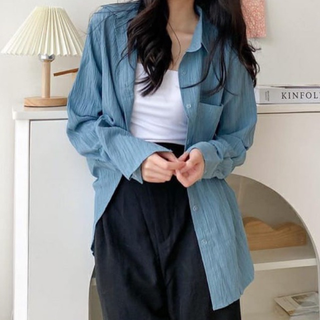 Kemeja Polos Oversize Lady Crush Rino Blouse Atasan Wanita Lengan Panjang Full Kancing Ootd Terbaru