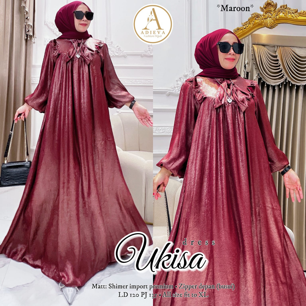 Ukisa Dress Gamis Muslim Matt Shimer Silk Premium Ziper Depan Busui Original By Adieva Orinaura