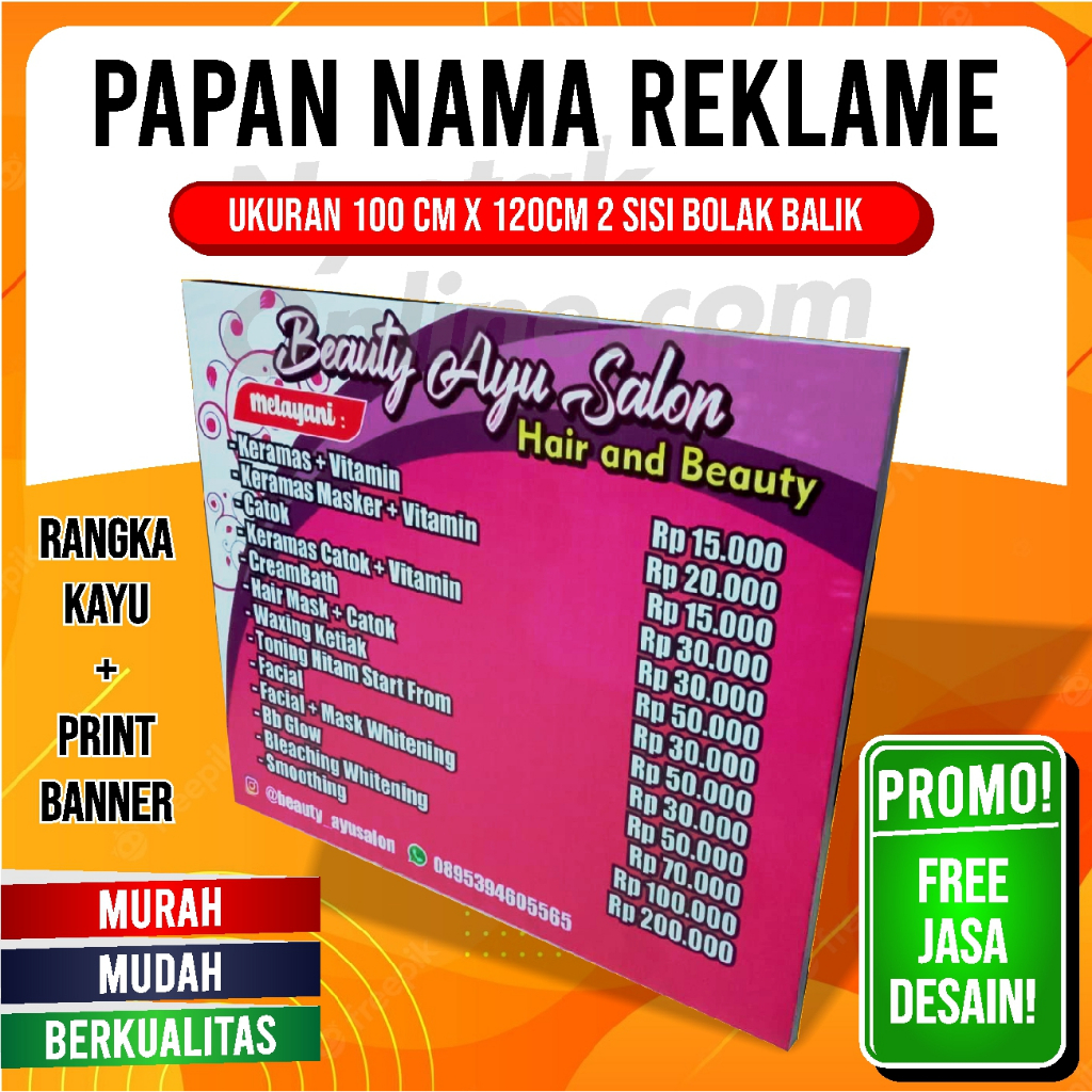 

Papan nama Salon Ukuran 120cm x 100cm 2 sisi