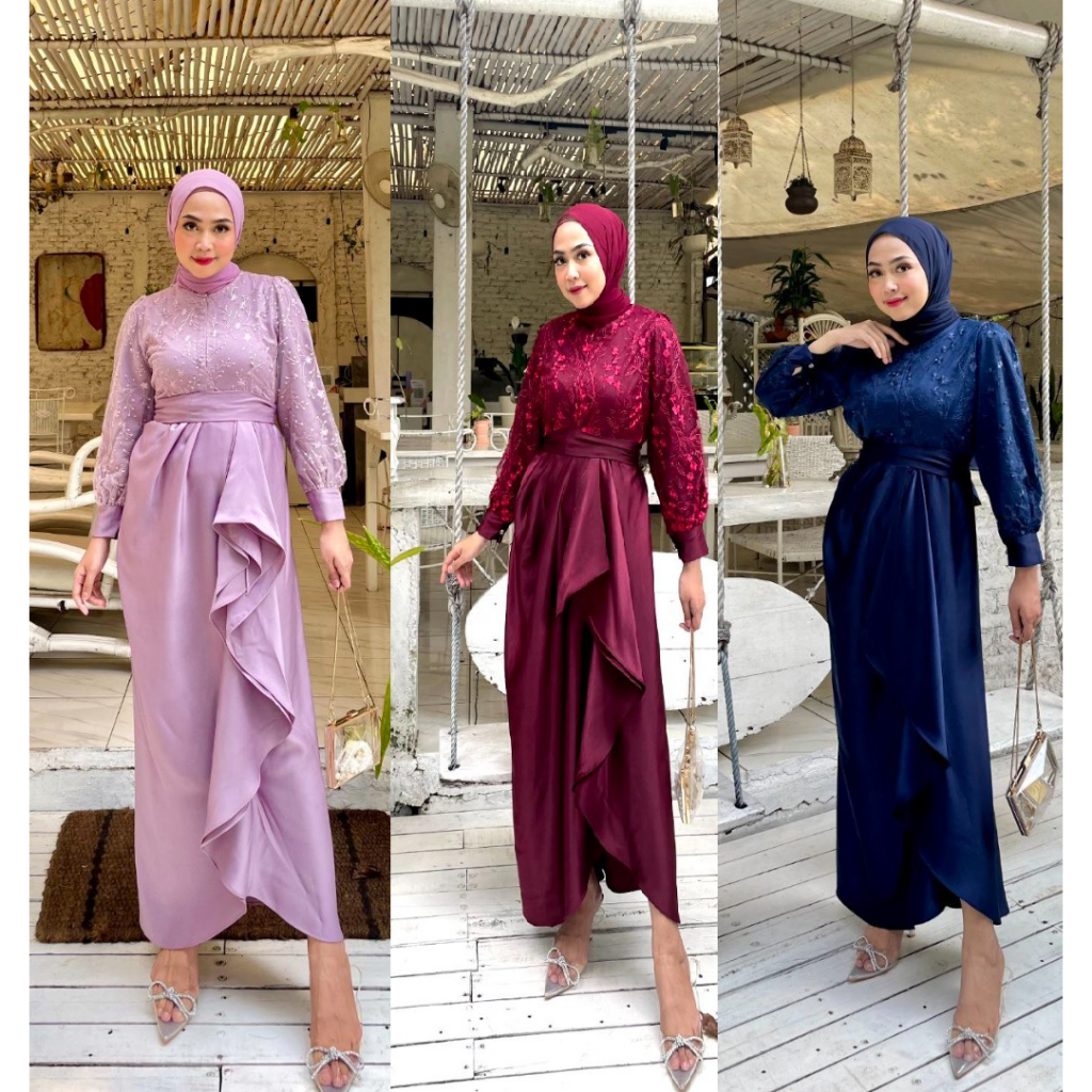 Kinara Dress Kondangan Gamis Brukat Tule Rok Lilit Long Dress Bridesmaid Baju Wisuda Seragam Nikahan Prewedding Polos Lamaran