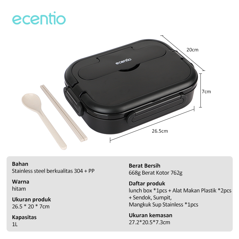 ecentio &amp; FOODI  tempat makan anak sekolah Stainless steel 304 anti tumpah 4/5 sekat 1000ml dan Mangkuk Sup Stainless /Kotak makan 2 susun 1200ml portable /Free Sendok