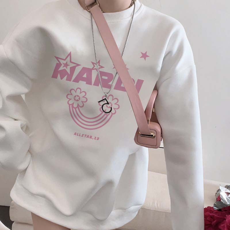 Sweater Lengan Panjang Cartoon Pink Mardi Star Printing Korean Style/Sweater Crop/Baju Wanita/Switer Wanita/Switer