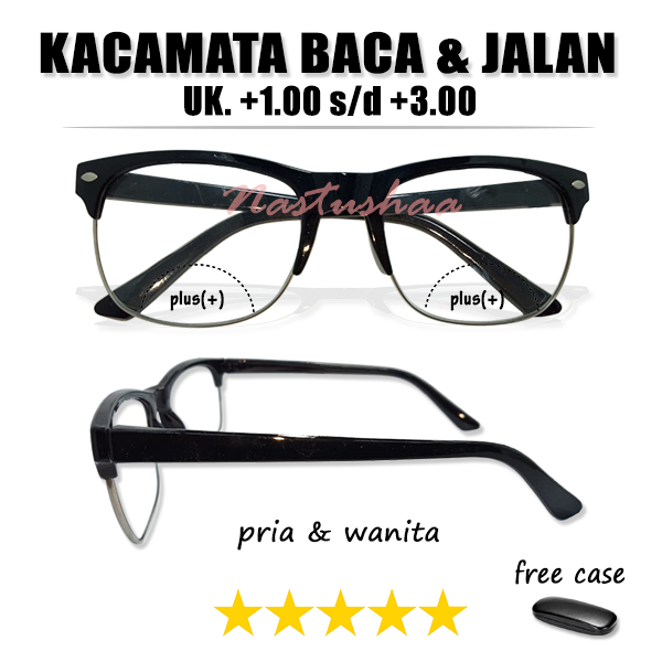 Kacamata Baca 2 Fungsi (BIFOKAL) Untuk Baca Dan Jalan Tersedia Ukuran +1.00 s/d +3.00 Gagang Hitam Frame Semi Rimless