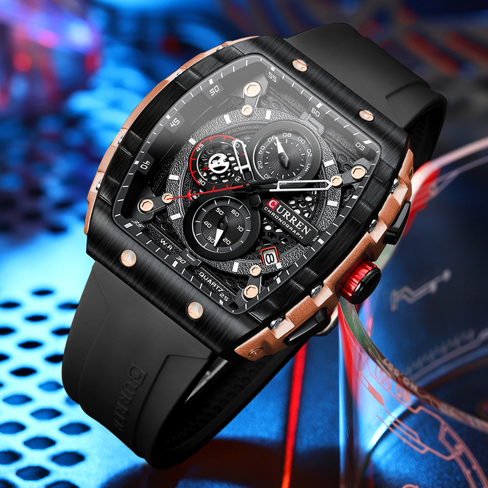 CURREN 8442 Jam Tangan Pria Analog Chronograph Aktif Kalender Tahan Air Tali Silicone Jam Tangan Cowok