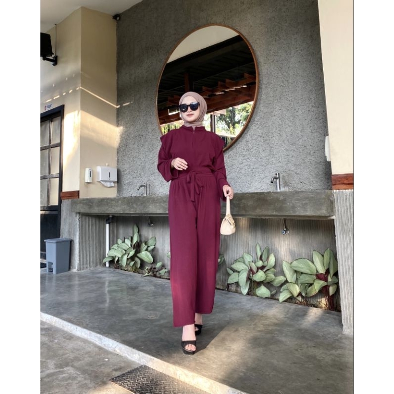 Olifia One Set Crinkle Air Flow Setelan Kulot Terbaru Wanita Top+Pants Outfit Kekinian Polos