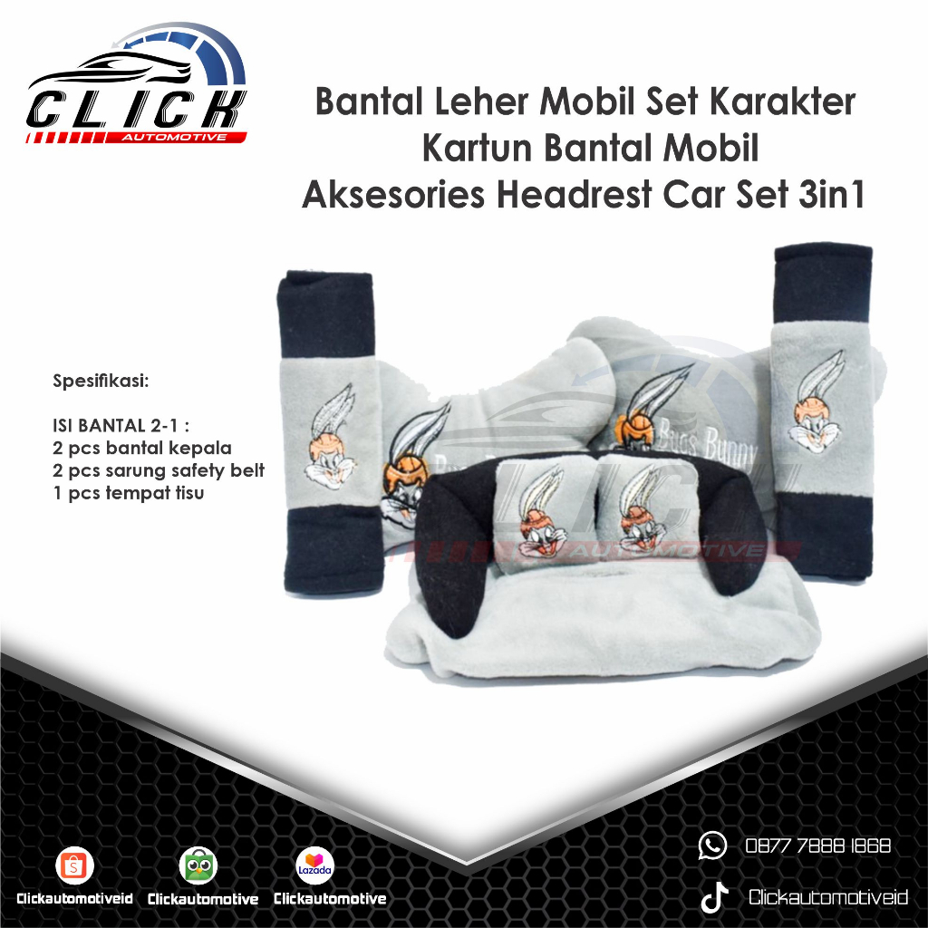 Bantal Leher Mobil Set Karakter Kartun Bantal Mobil Aksesories Headrest Car Set 3in1