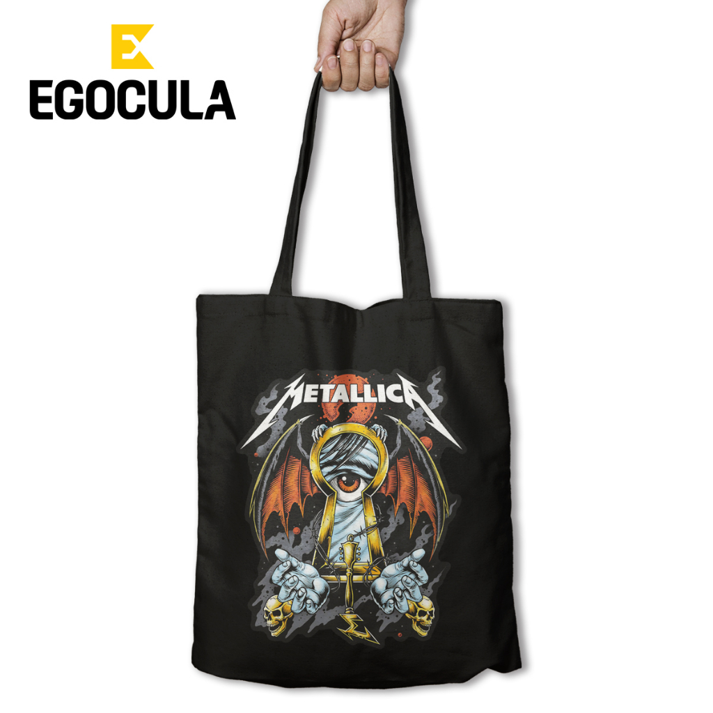 EGOCULA Tote Bag Metallica Pria Wanita Tas Jinjing Sekolah Kuliah Resleting 30x40