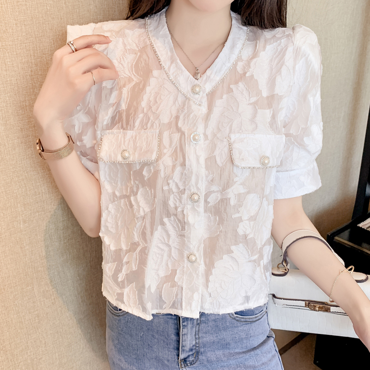 MOOGU ♡ Kemeja korea blouse tipis lengan pendek wanita atasan