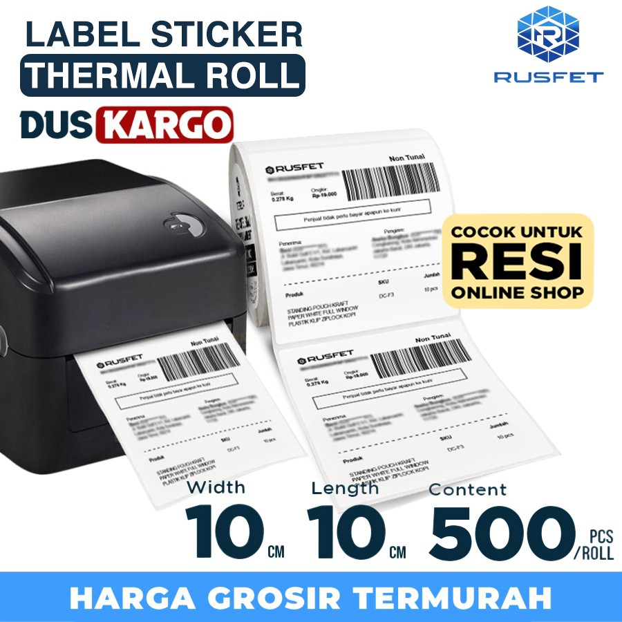 

Label Sticker THERMAL ROLL Barcode Resi 10x10cm Rusfet 500pcs /DUS