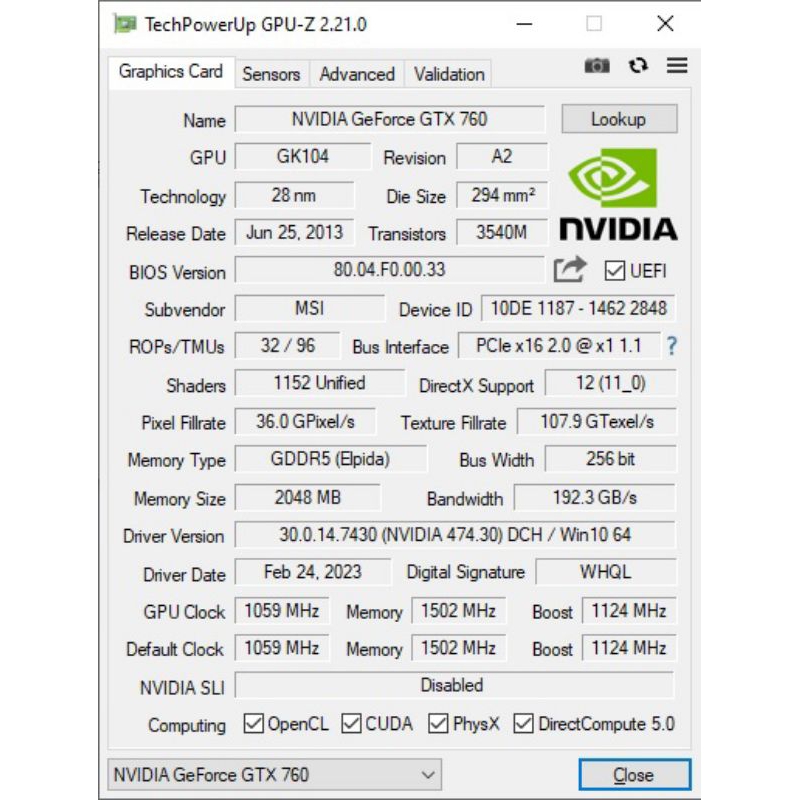 VGA MSI GTX 760 2GB 256BIT DDR5