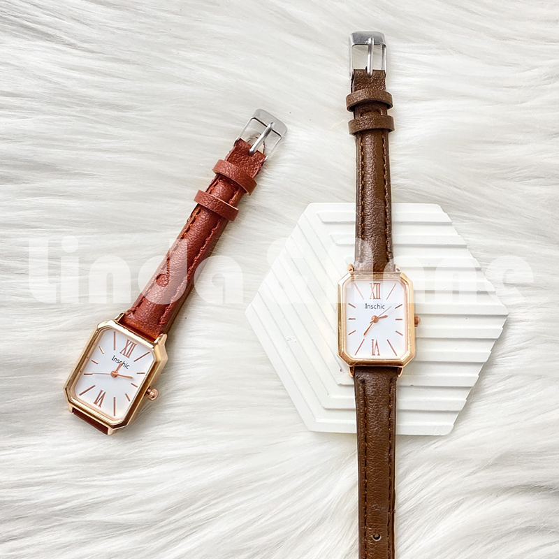 Jam Tangan Analog Wanita Dial Kotak Gaya Retro Casual Strap Kulit PU Fashion Import