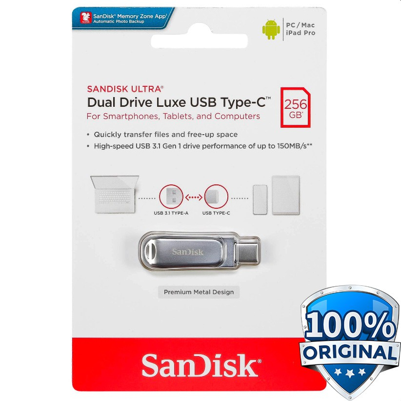 SanDisk Ultra Dual Drive Luxe Flashdisk OTG Type C 256Gb USB 3.1