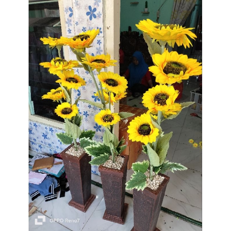 BUNGA HIAS SUDUT MATAHARI JUMBO SUPER ISI 10 KUNTUM LENGKAP SAMA POT DAN BEBATUAN DEKORASI ARTIFICIA