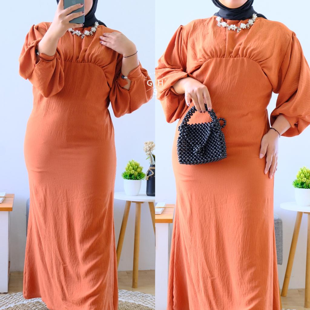 ARABIA GAMIS MAXI LENGAN BALON ATASAN WANITA DRESS CRINCLE AROFLOW PREMIUM (RPA)