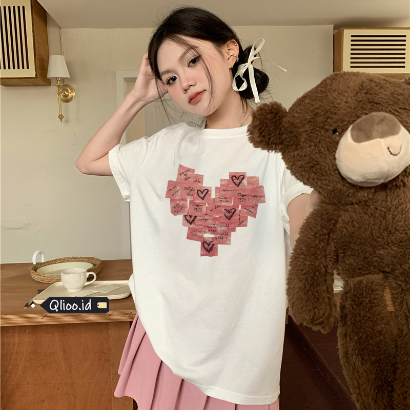 Print T-shirt Kaos Lengan Pendek Cartoon Stamp Heart Printing Oversize Atasan Wanita Korean Style