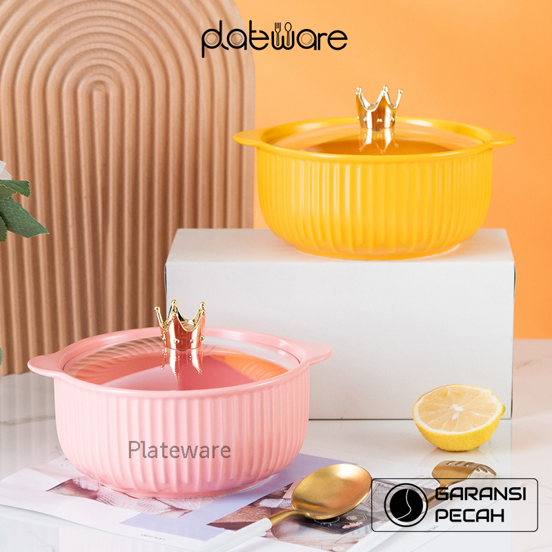 Mangkok Keramik Mangkok Bakso dan indomie Tutup Kaca Crown Tahan Panas Microwave Safe